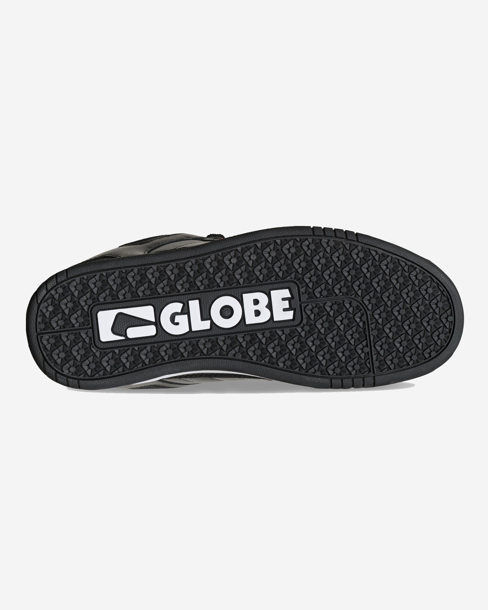 Bottom view of a Globe skate shoe featuring a black rubber outsole with a textured grip pattern and bold white Globe branding.