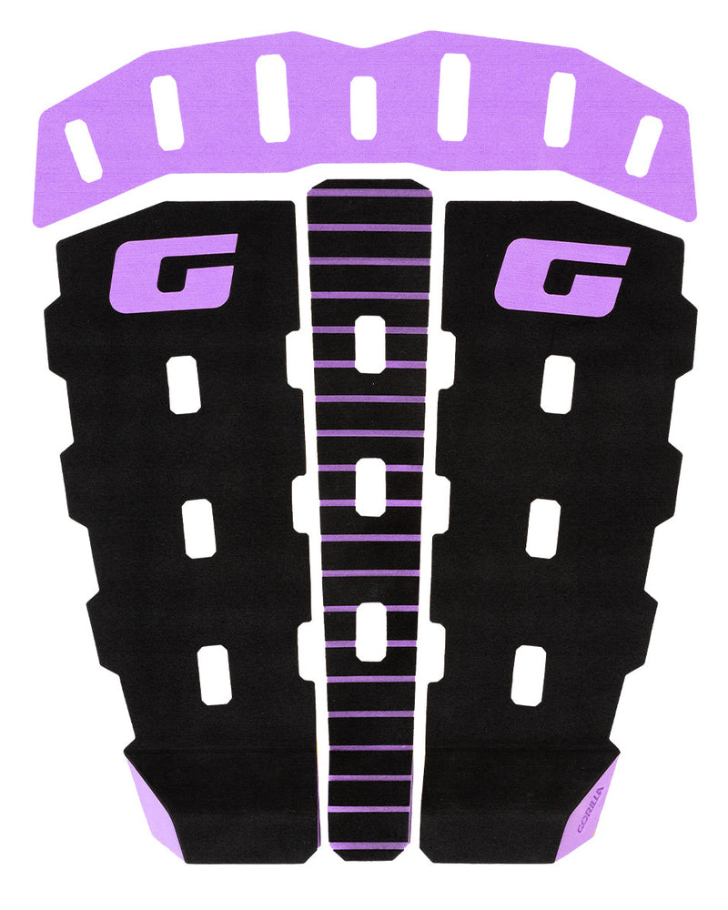 Three-piece black surfboard tail pad with purple accents, G branding, arch support, and wide-cut traction grooves.