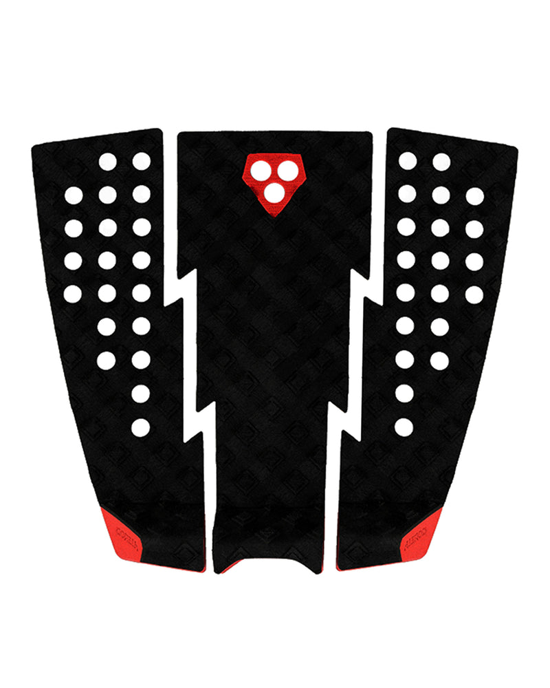 Three-piece black surfboard tail pad with red and white lightning bolt accents, circular grip holes, and kick tail support.