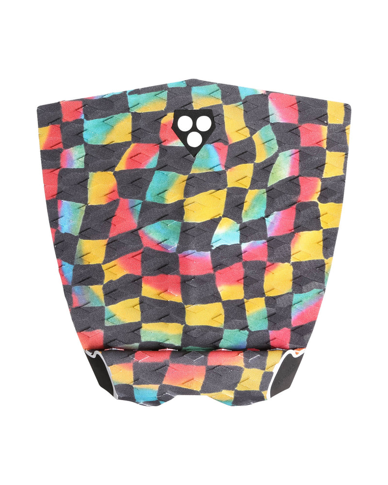 One-piece surfboard tail pad with multicolour checkered pattern, raised kick tail, and three-hole traction grip.