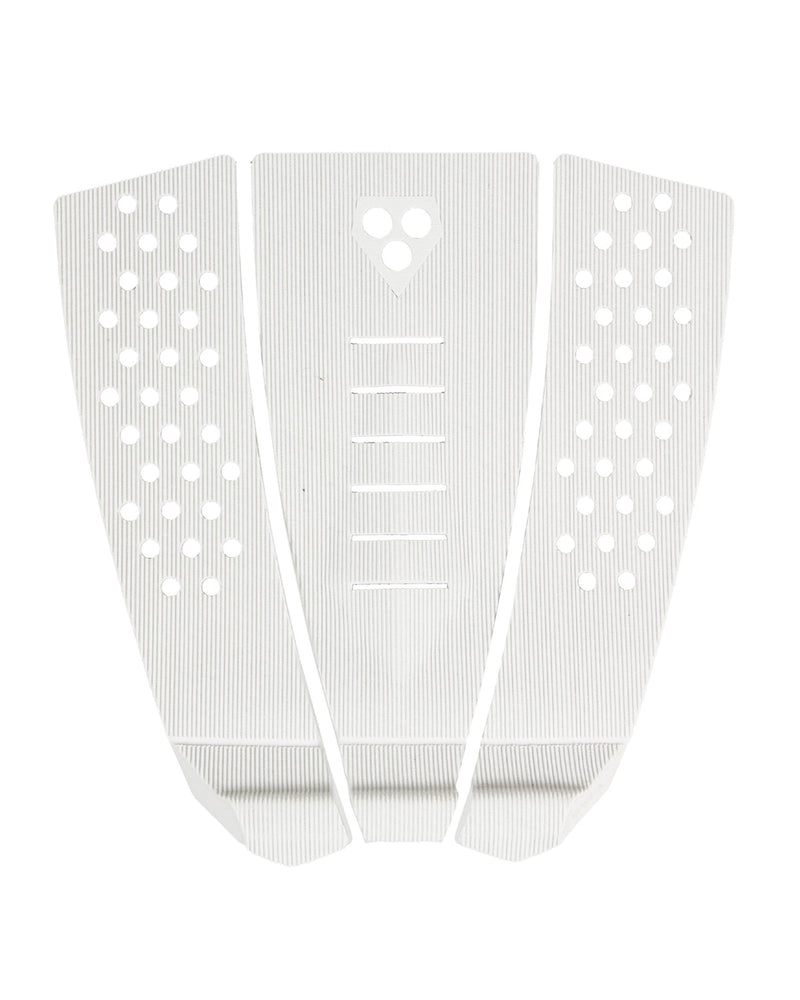 White 3-piece surfboard tail pad with arch support, perforated grip zones and subtle logo detailing