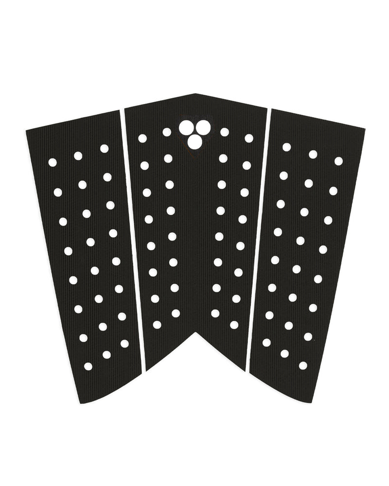 Three-piece black surfboard tail pad with angled edges, centre arch support, and circular traction holes for grip.