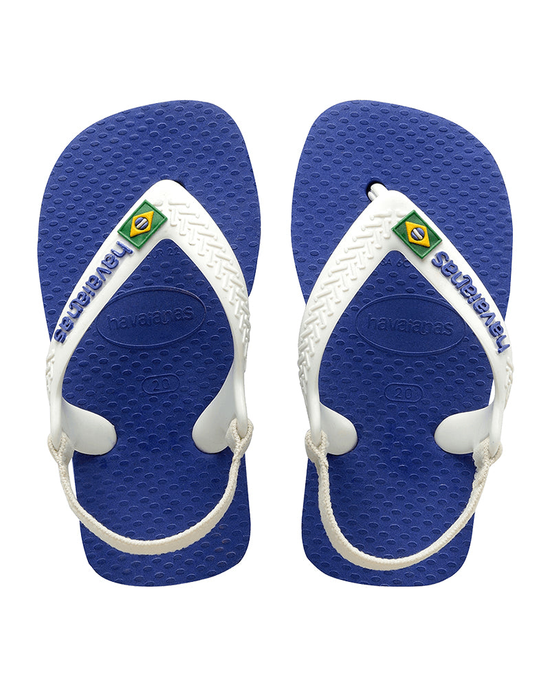Blue Havaianas baby thongs with white straps, Brazil flag badge and elastic heel strap