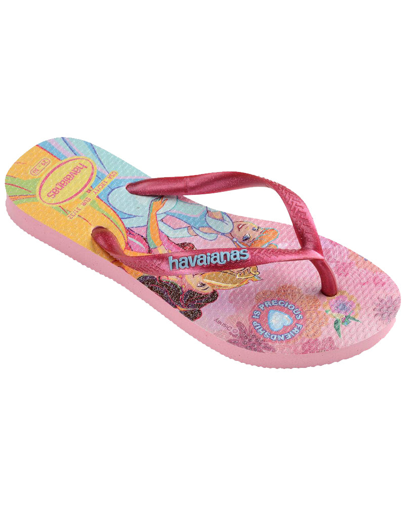 Side angle of pink Havaianas with Disney princesses and metallic red straps