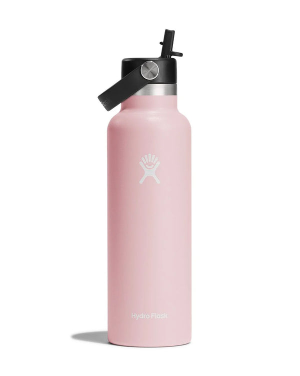 Pink Hydro Flask water bottle with a stainless steel finish, straw lid, carry handle, and insulated design for temperature retention.