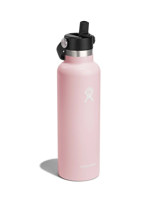 Light pink Hydro Flask water bottle with a durable stainless steel build, straw lid, carry handle, and sleek insulated design.