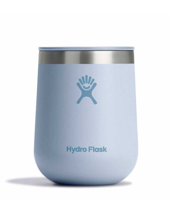 Light blue Hydro Flask tumbler with stainless steel rim, ideal for keeping drinks hot or cold.