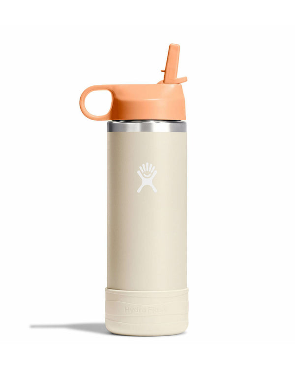 Beige Hydro Flask with orange lid, straw spout, and rubber base.