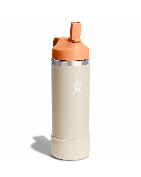 Angled view of Hydro Flask kids bottle with peach lid and flip-up straw.