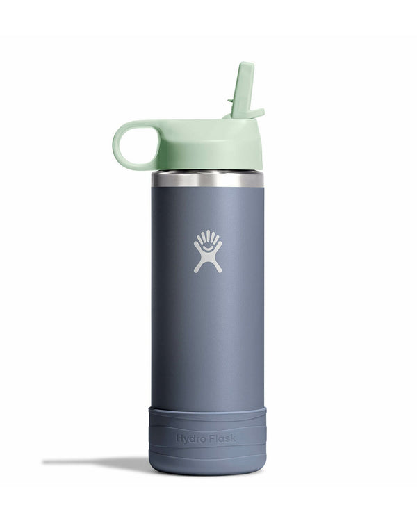 Hydro Flask bottle with a mint straw lid and slate body, ideal for keeping drinks cold during outdoor adventures.