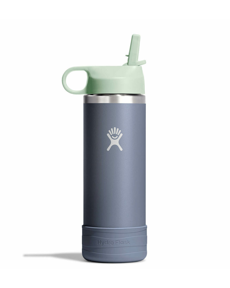 Hydro Flask bottle with a mint straw lid and slate body, ideal for keeping drinks cold during outdoor adventures.