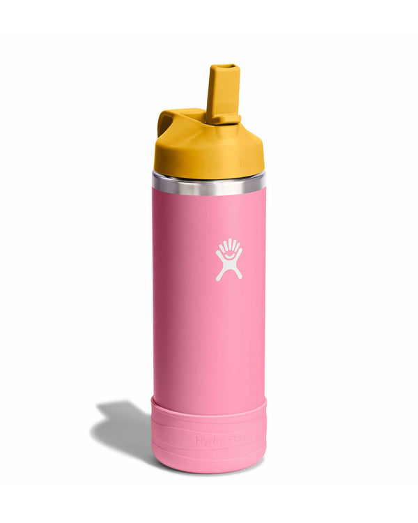 Durable pink Hydro Flask with yellow lid and straw, designed to keep drinks cold and spill-free.