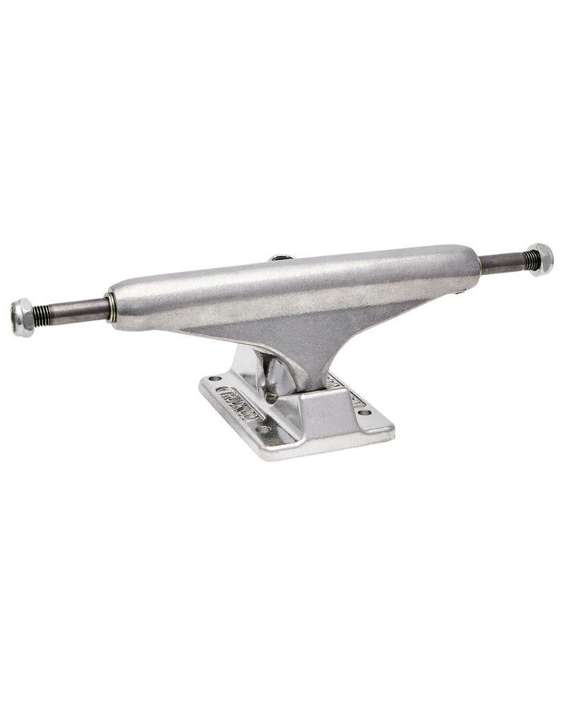 Silver skateboard truck featuring a polished finish, durable baseplate, and axles for attaching wheels, viewed from the side