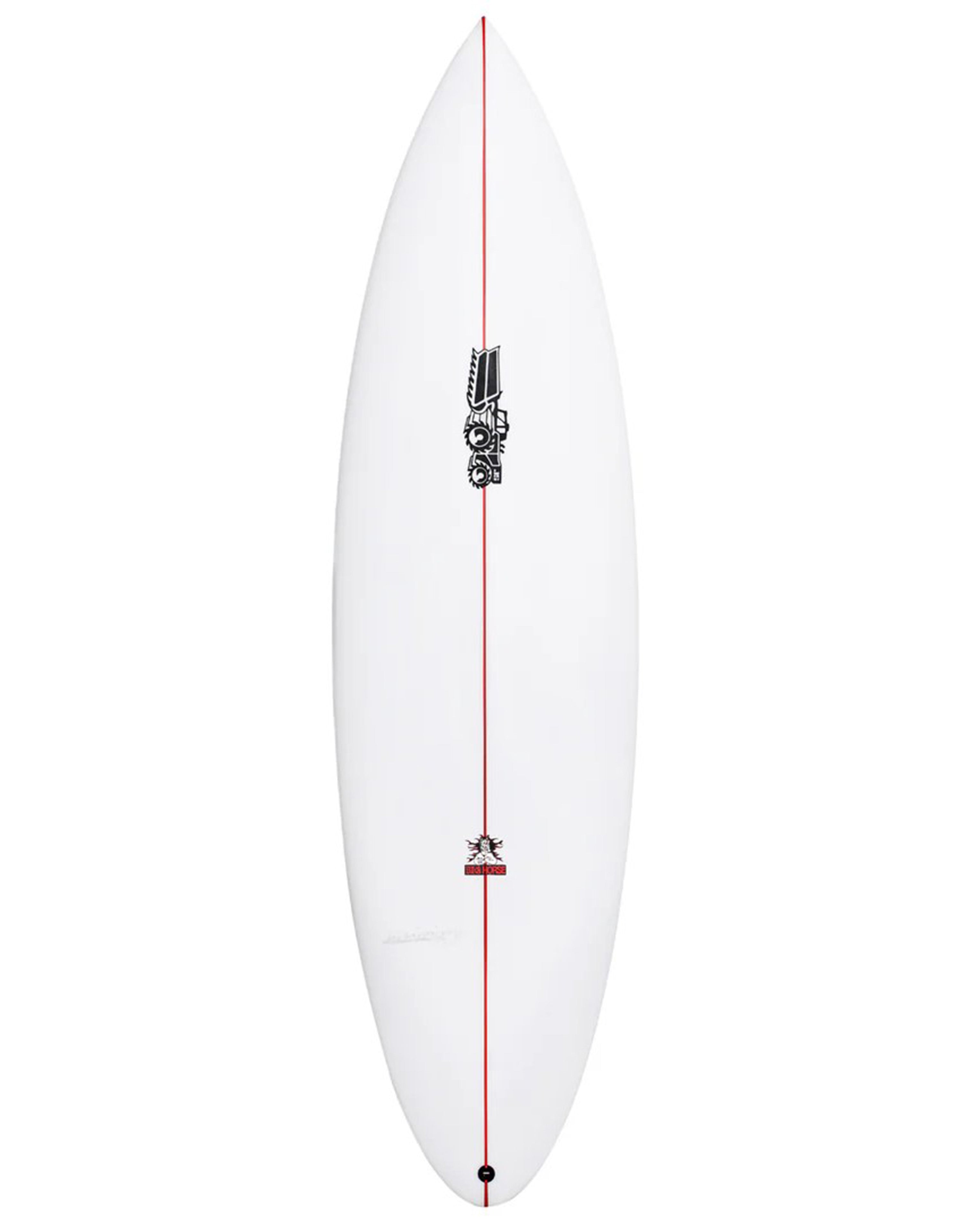 JS Industries surfboard deck view with red stringer, tractor logo and clean white finish