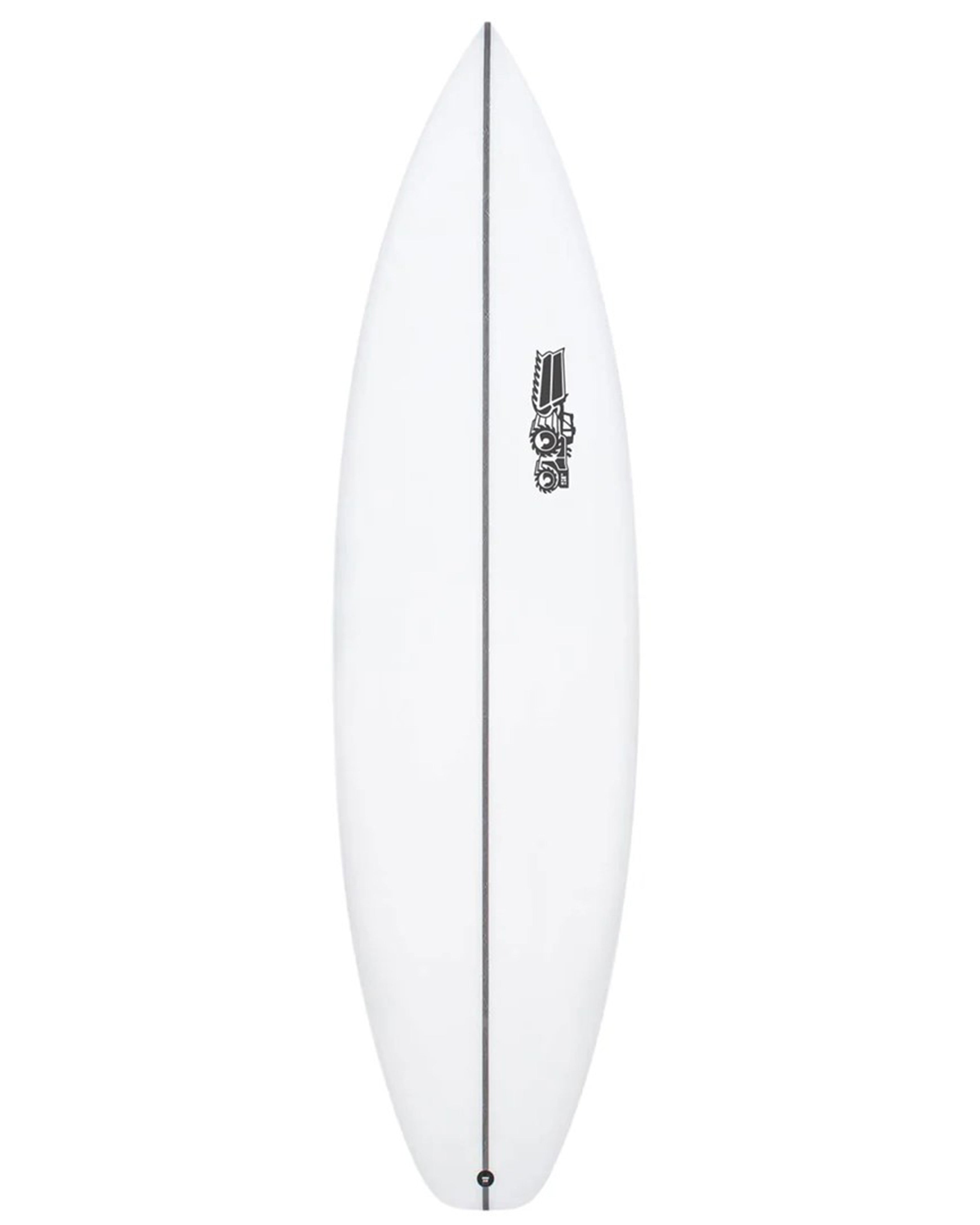 White shortboard surfboard with black centre stringer and top logo near the upper rail.
