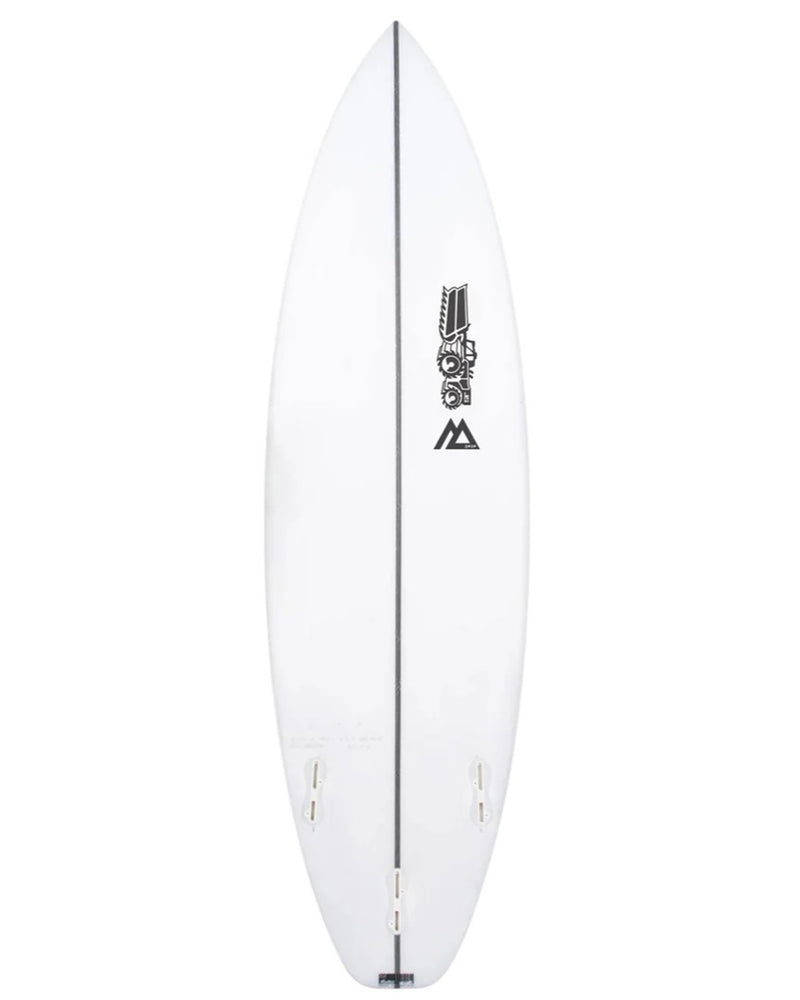Bottom of white shortboard with quad fin setup, centre stringer, and black logo graphics