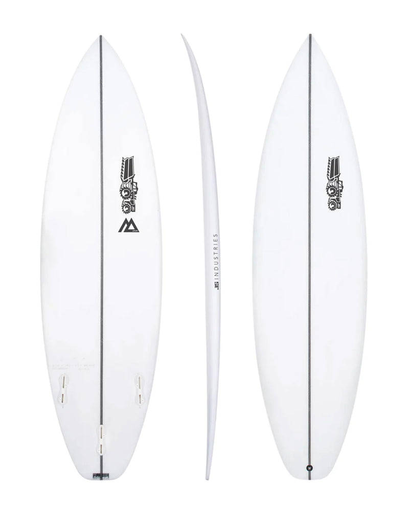 Three-angle view of white shortboard showing deck, bottom, and rocker profile with stringer and logos.