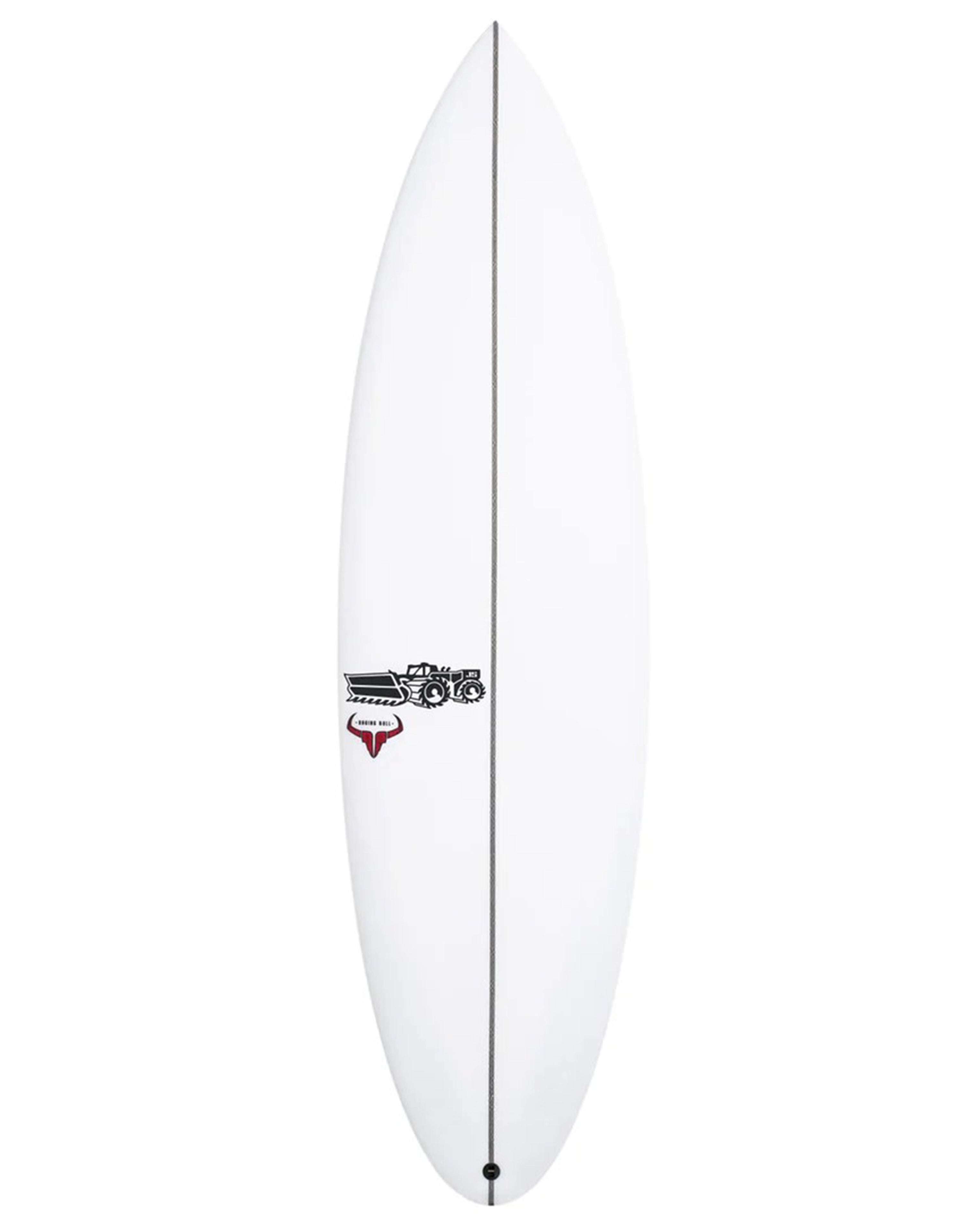 White shortboard with black centre stringer and construction truck graphic above a red bull-style logo near the tail.
