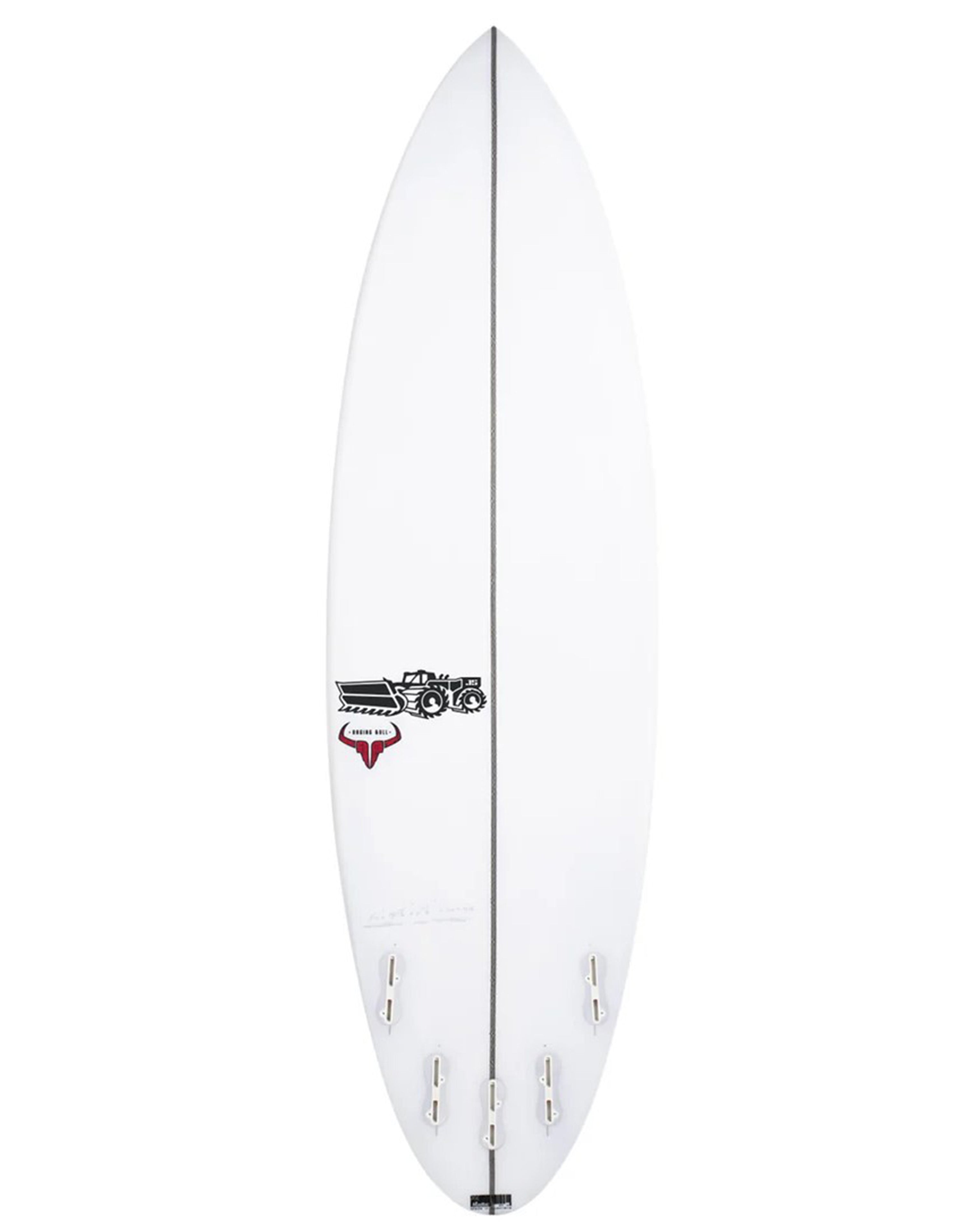 White surfboard base with quad fin setup, centre stringer, and construction truck and red bull-style logos on the lower deck.