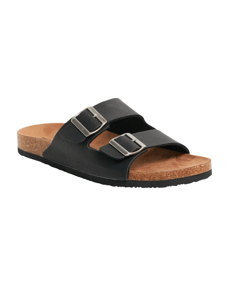 Men's double-strap slide sandal in black with cork footbed and adjustable silver buckles, side view.