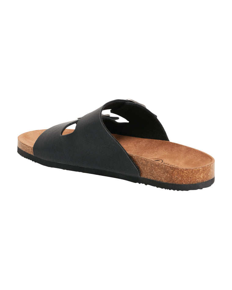 Men's black slide sandal shown from the rear side angle, highlighting footbed and strap cutouts.