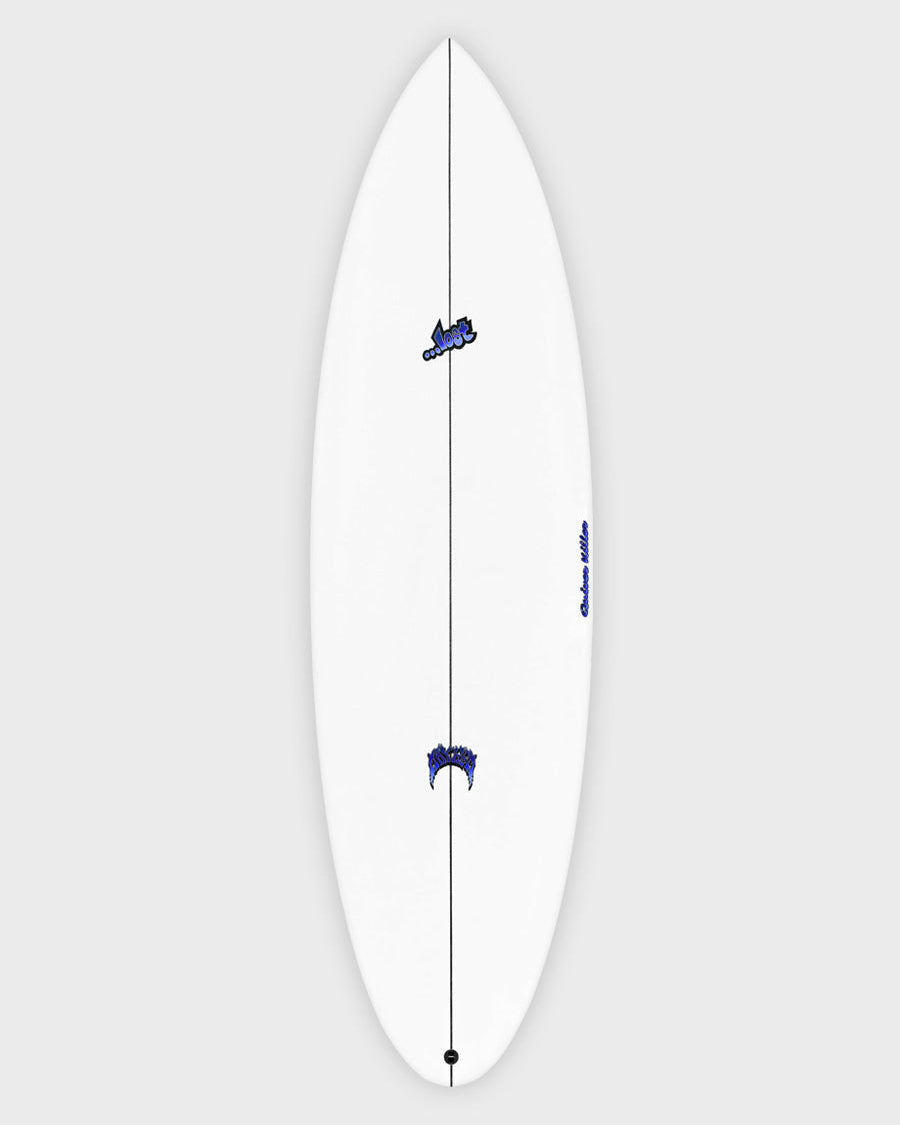 White shortboard with front traction pad, central stringer, and blue "Lot" logo near the top.
