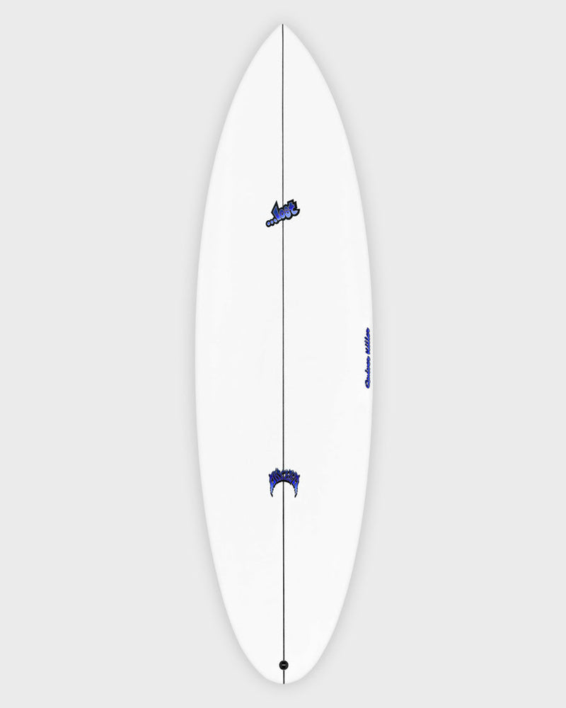 White shortboard with front traction pad, central stringer, and blue "Lot" logo near the top.