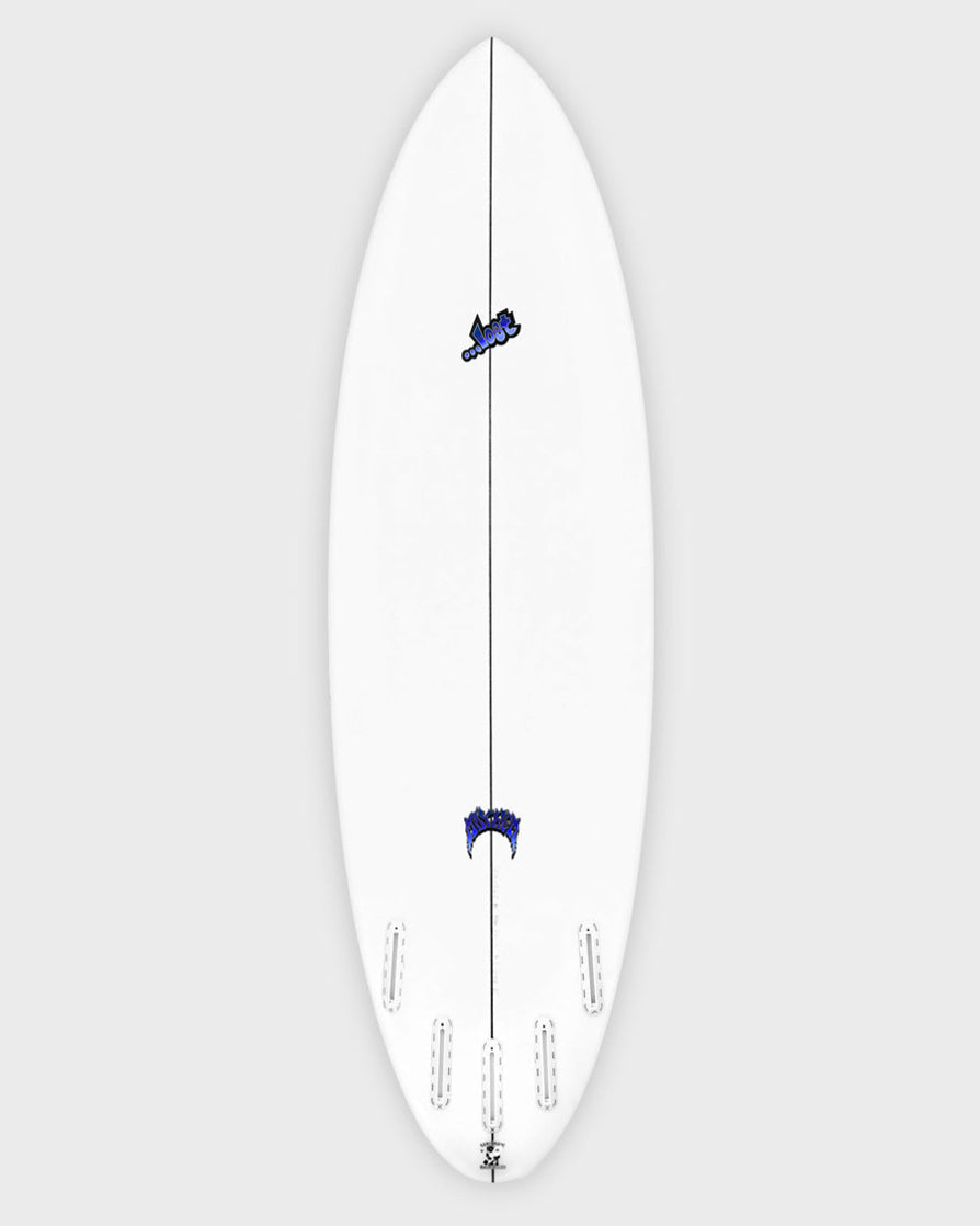 White shortboard with five fin boxes, rear traction pad, and blue "Lot" logo near the top.