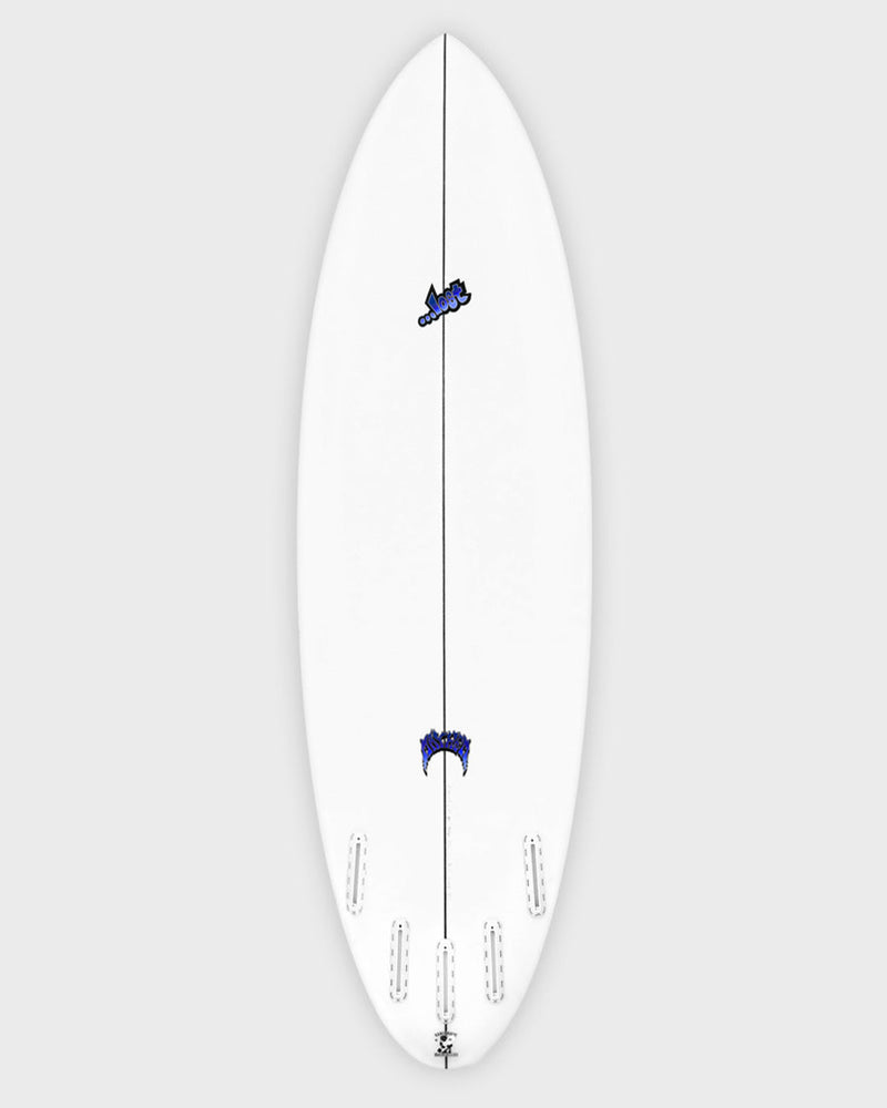 White shortboard with five fin boxes, rear traction pad, and blue "Lot" logo near the top.