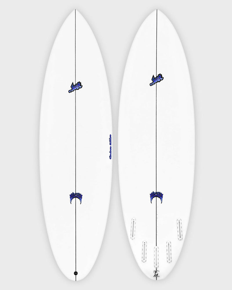 Front and back view of white shortboard showing stringer, traction pads, fin boxes, and blue "Lot" logos.