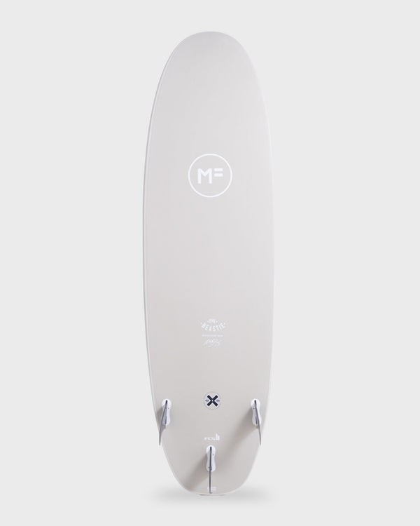 MF Beastie softboard with FCS II fin setup and tail branding, designed for beginner to intermediate surfers.