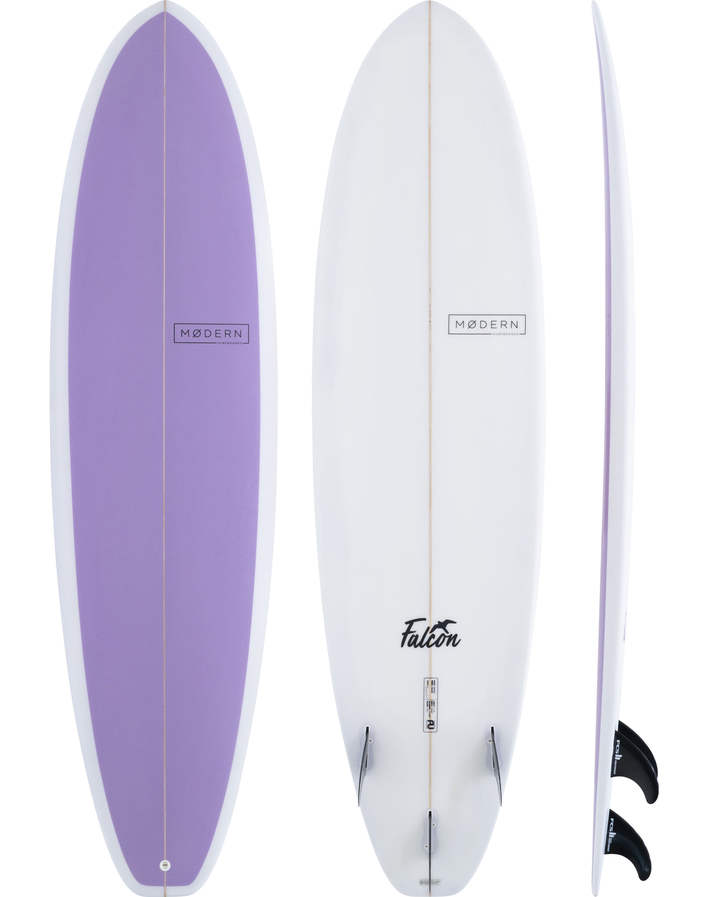 Modern Falcon surfboard in lavender with white rails, featuring tri-fin setup and clean outlines