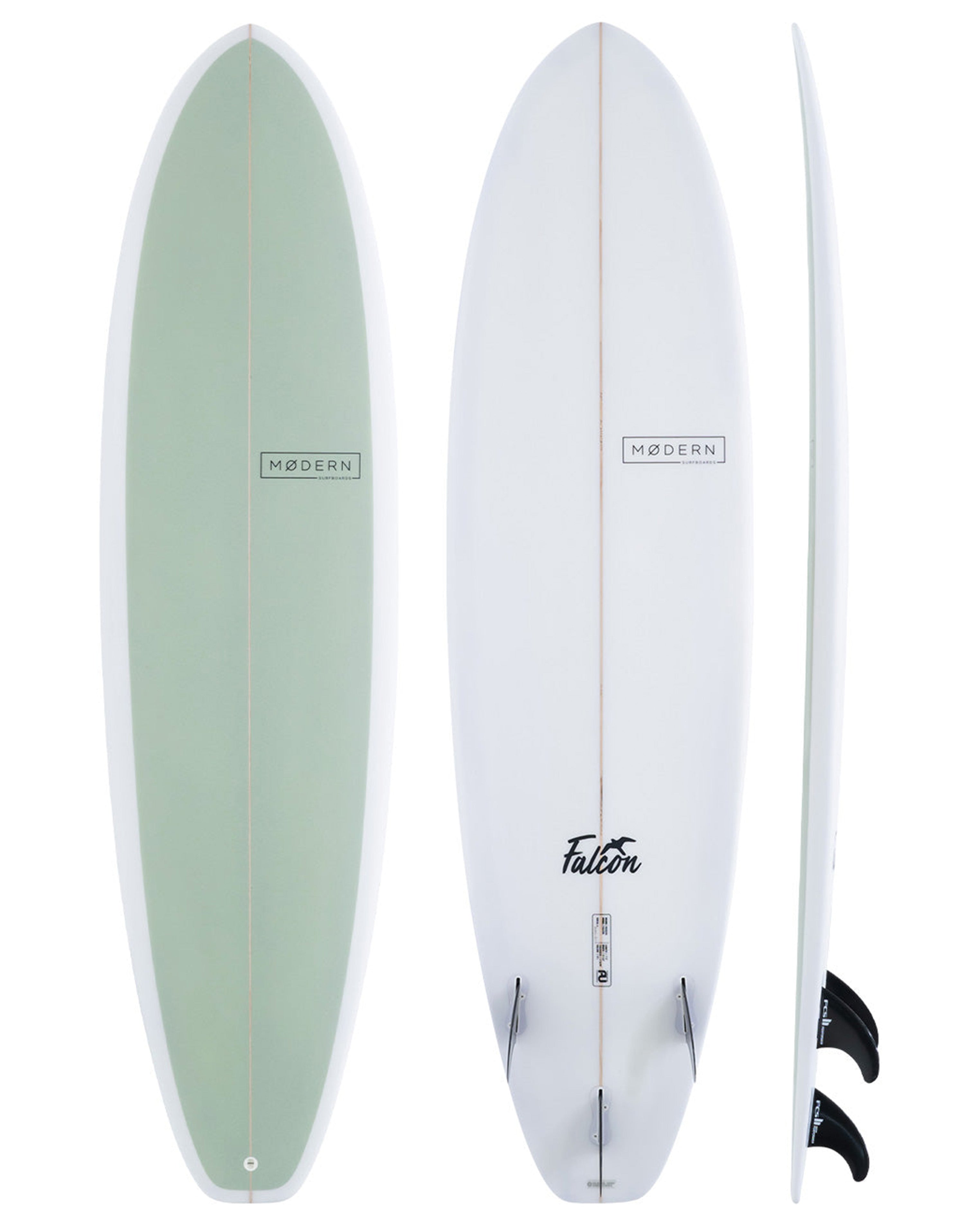 Modern Falcon surfboard in sage with white rails, shown from deck, bottom, and side profiles