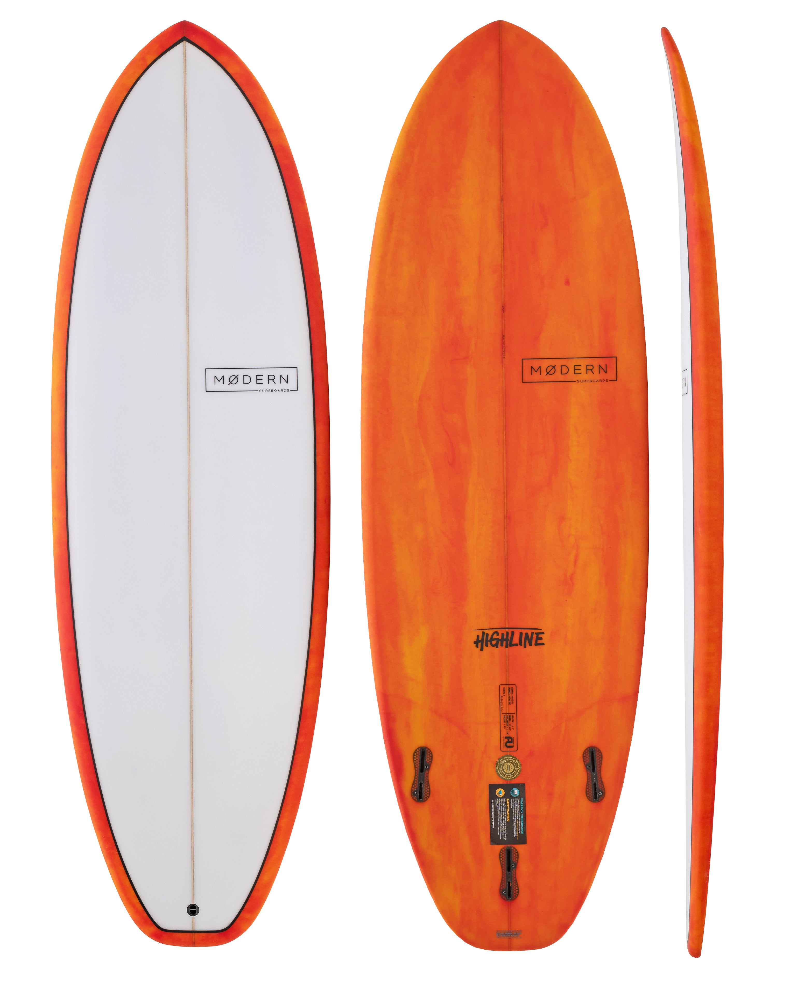 Burnt orange Modern Highline surfboard with white deck, centre stringer, and versatile five-fin configuration.