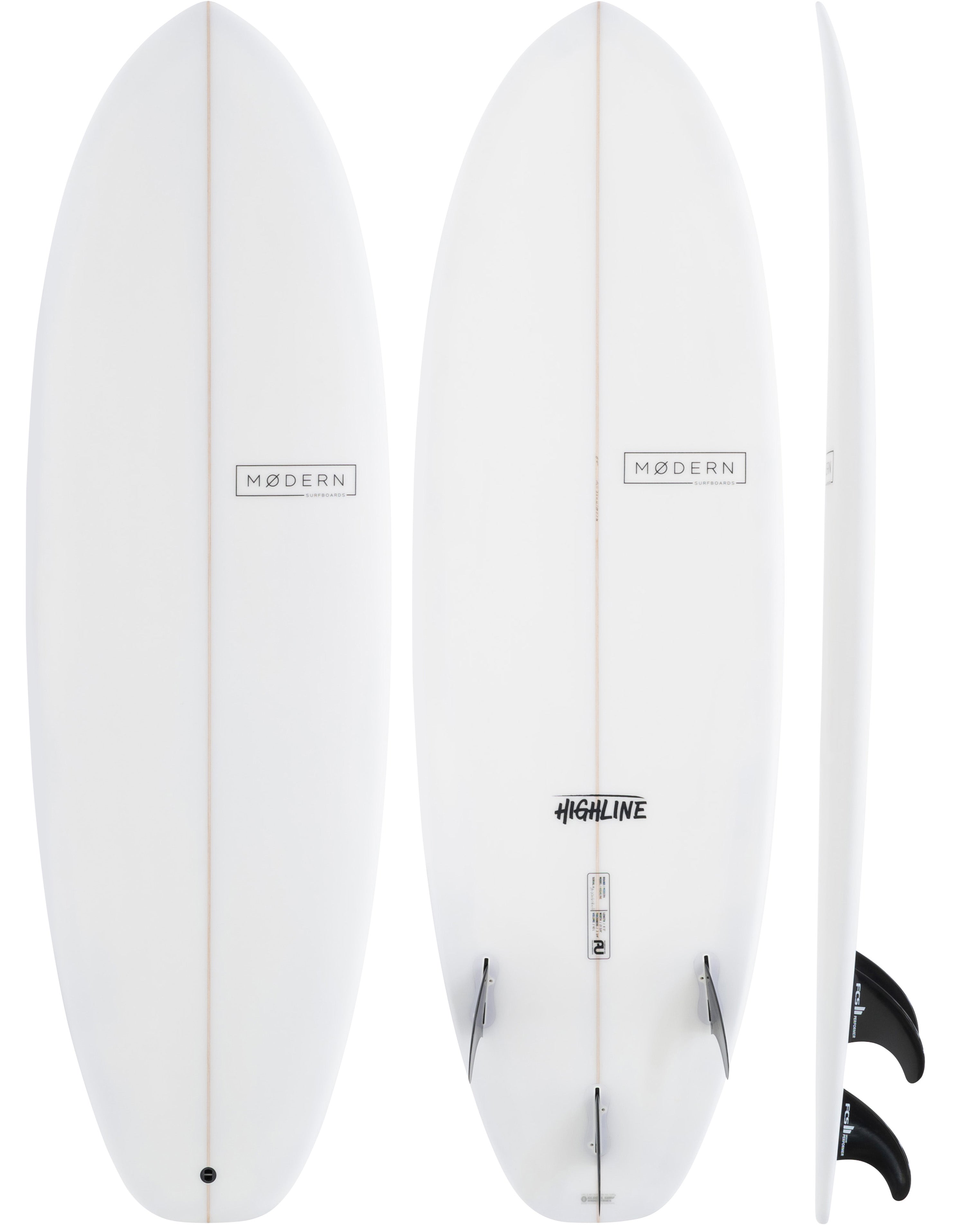 White Modern Highline surfboard with rounded shape, soft rails, and tri-fin setup, shown from three angles.