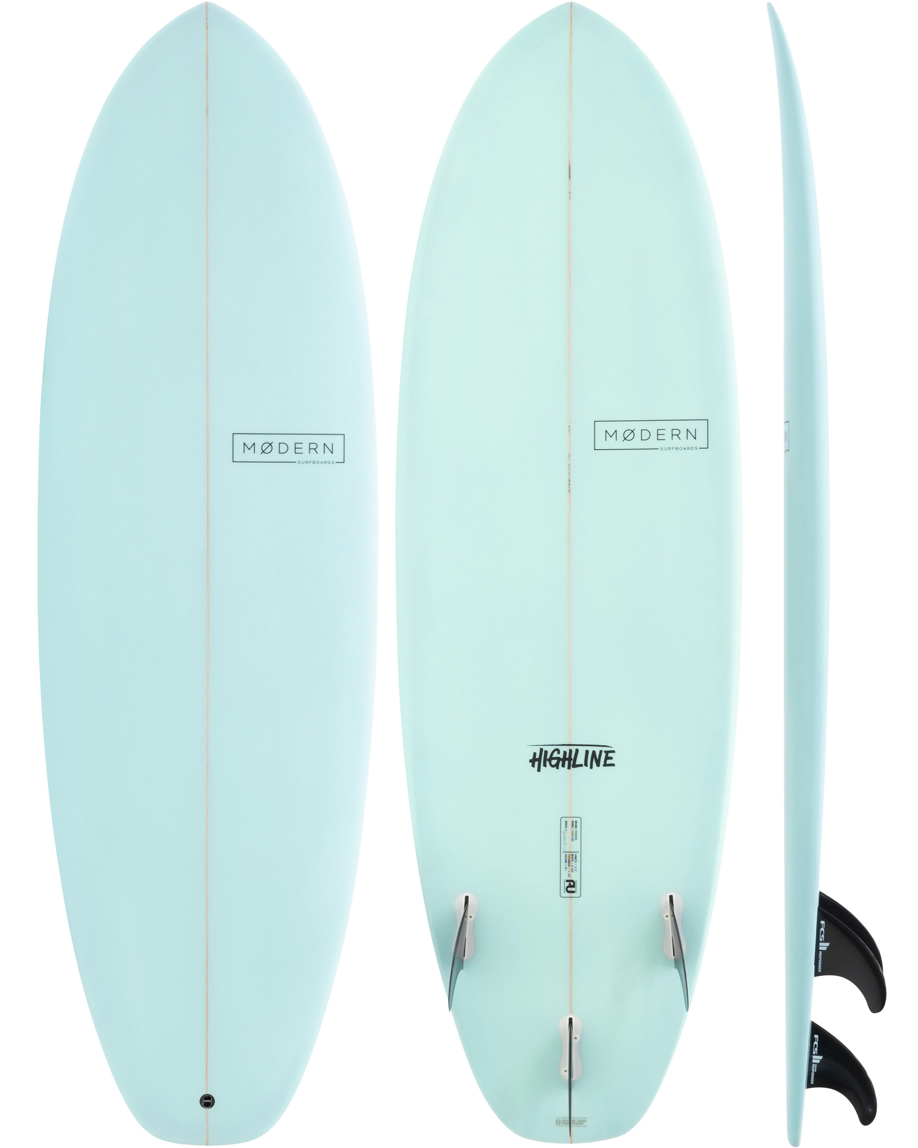 Pale blue Modern Highline surfboard with centre stringer, soft outline, and tri-fin setup, displayed in triple view.