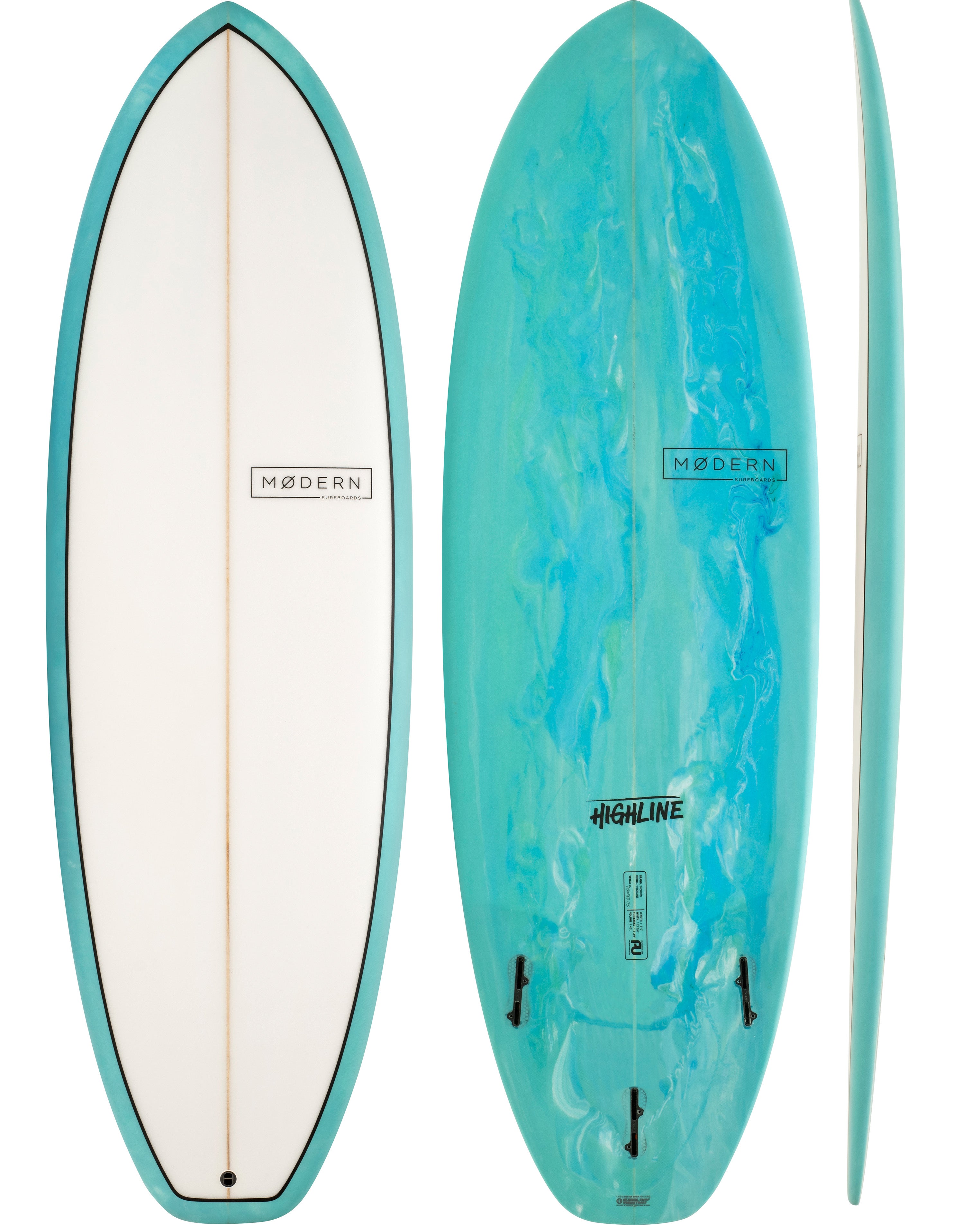 Modern Highline surfboard in blue marble resin tint with soft rail profile and tri-fin setup, shown from three angles.