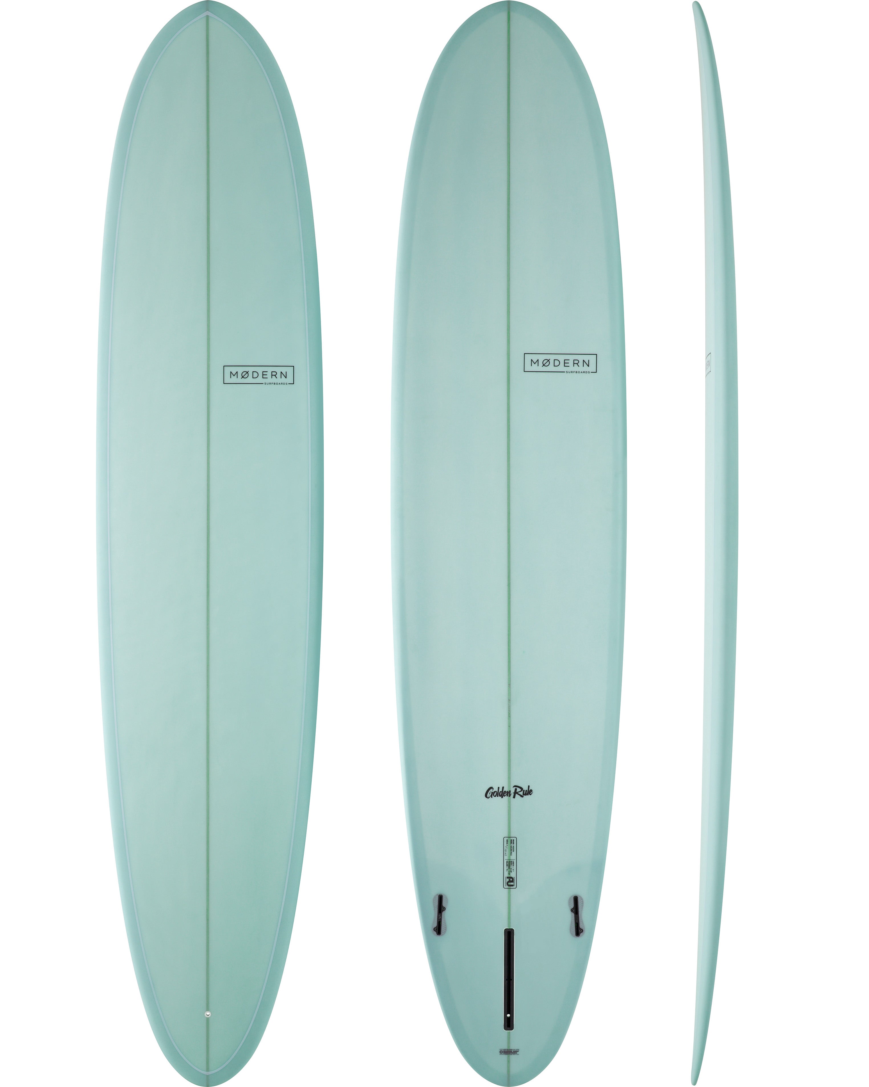 Modern longboard surfboard in mint green with triple fin setup, centre stringer, and curved side profile.