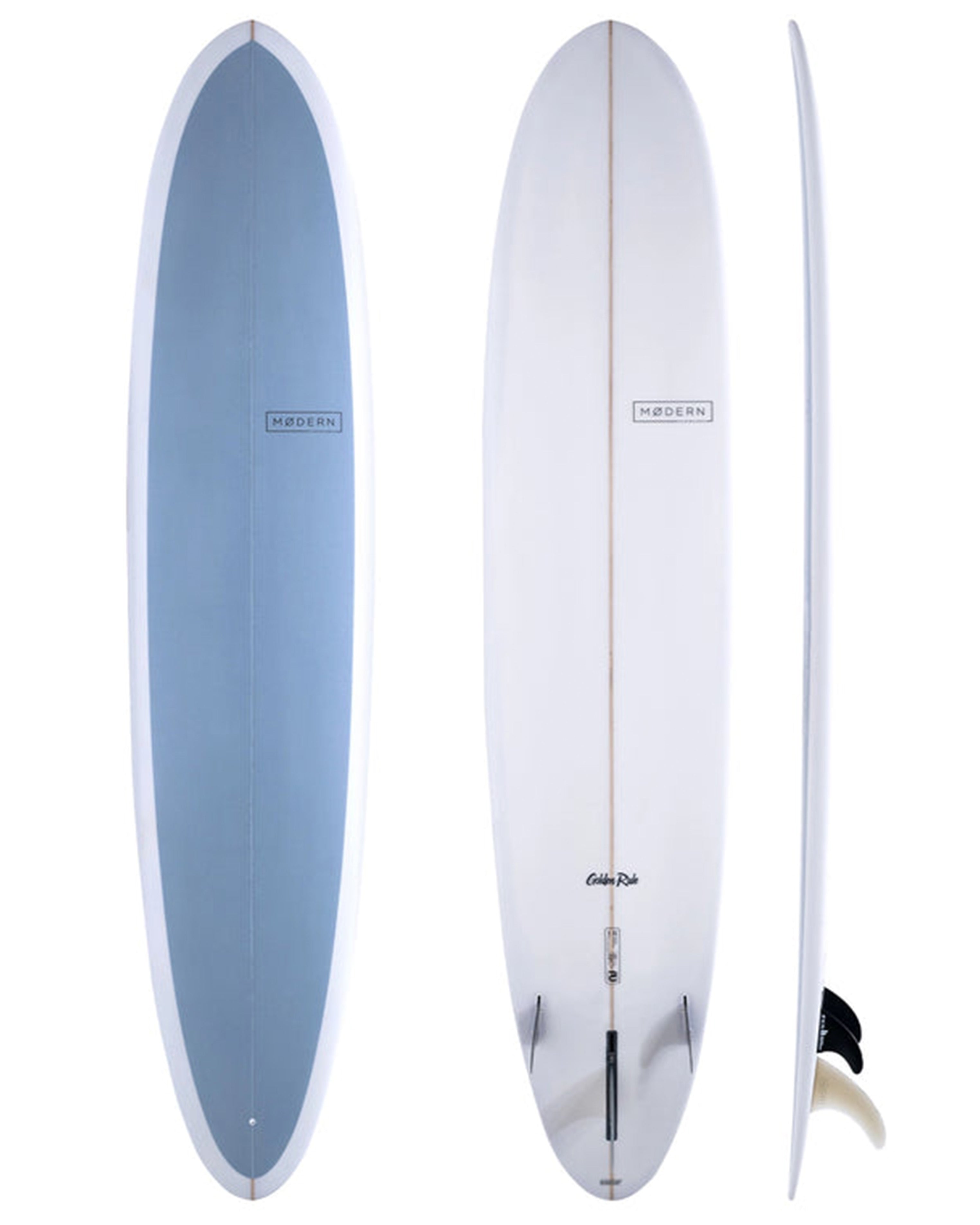 Modern longboard surfboard in blue and white with centre fin box, side fins, and logo on deck and bottom.