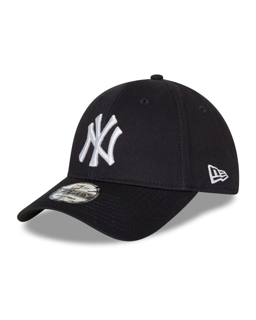 Dark navy New York Yankees baseball cap with a white embroidered logo on the front, curved brim, and New Era branding on the side.