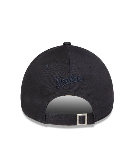 Back view of a navy New York Yankees New Era cap featuring an embroidered 'Yankees' text and an adjustable strap with buckle.