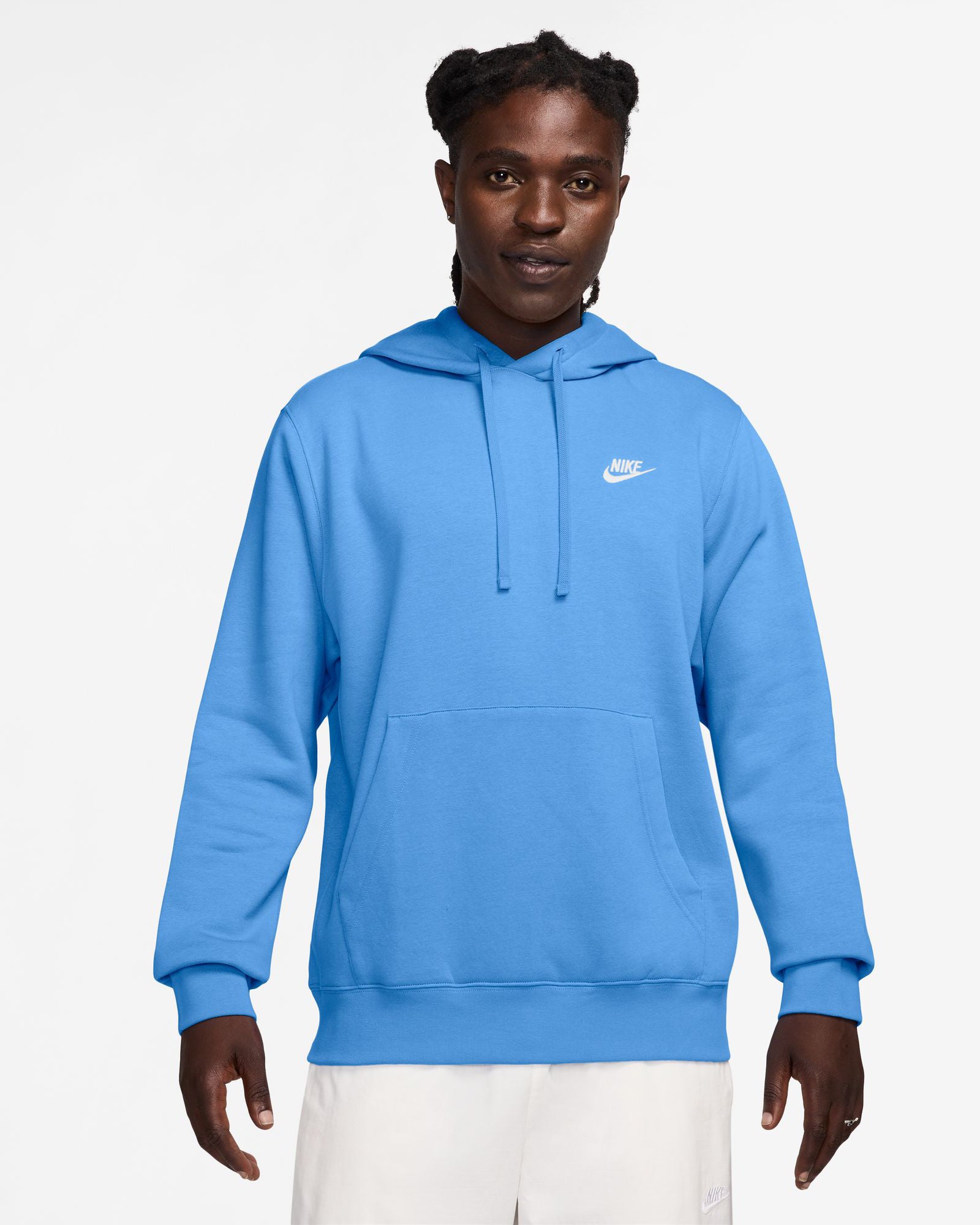 Model wearing a bright blue Nike hoodie with a white logo on the chest, featuring a front pocket and adjustable drawstrings.