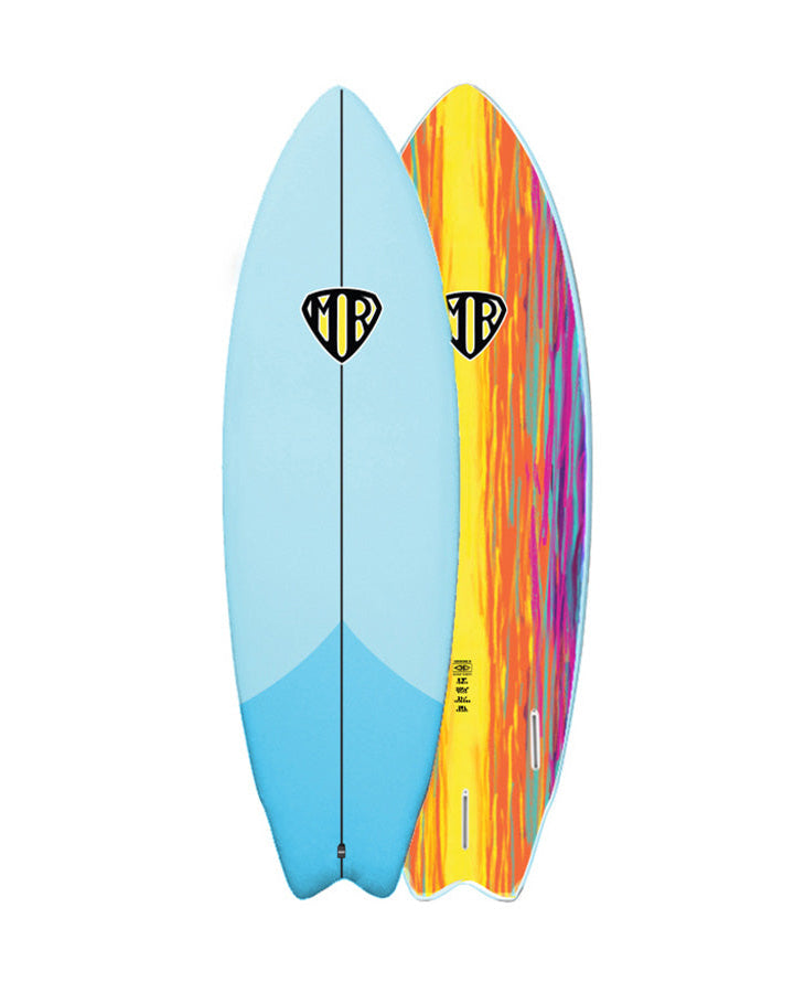 Twin fin fish surfboard with blue deck and vibrant flame-style bottom graphic.