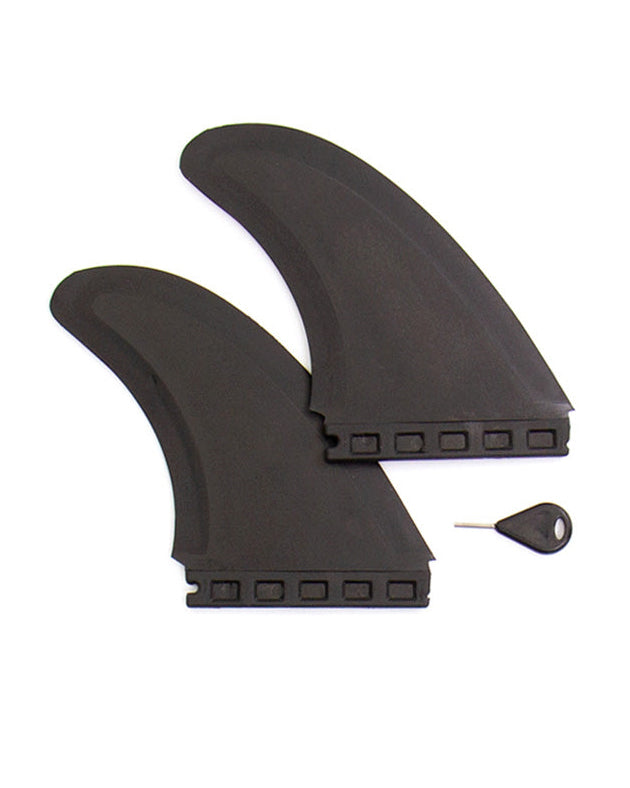 Two black dual tab surfboard fins with fin key for installation.