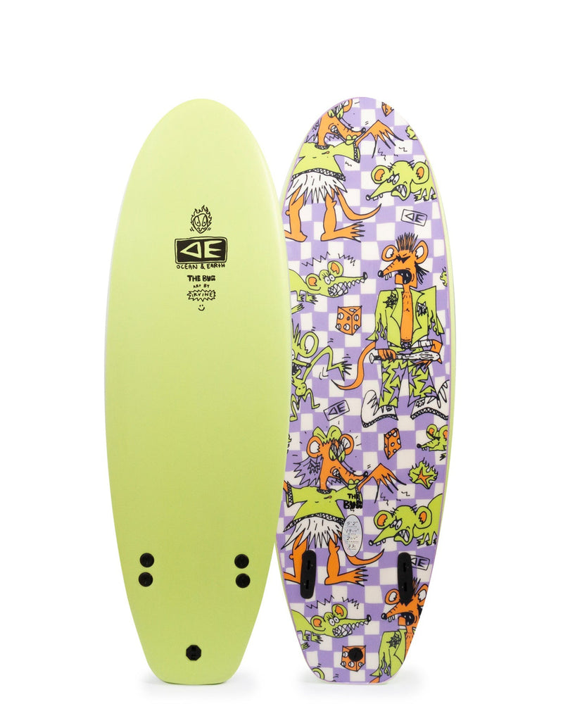 Front and back view of a soft surfboard featuring lime green top and vibrant cartoon mouse pattern on the bottom.