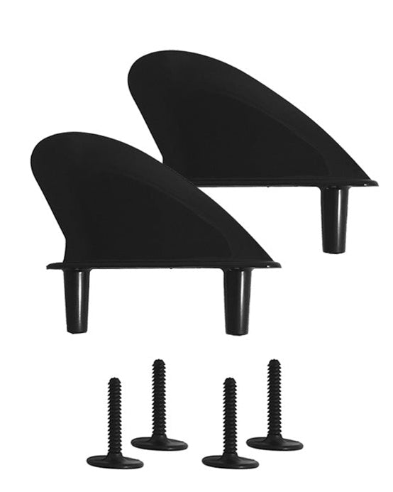 Black plastic surfboard fins with screws included, suitable for softboards with screw-through fin systems.