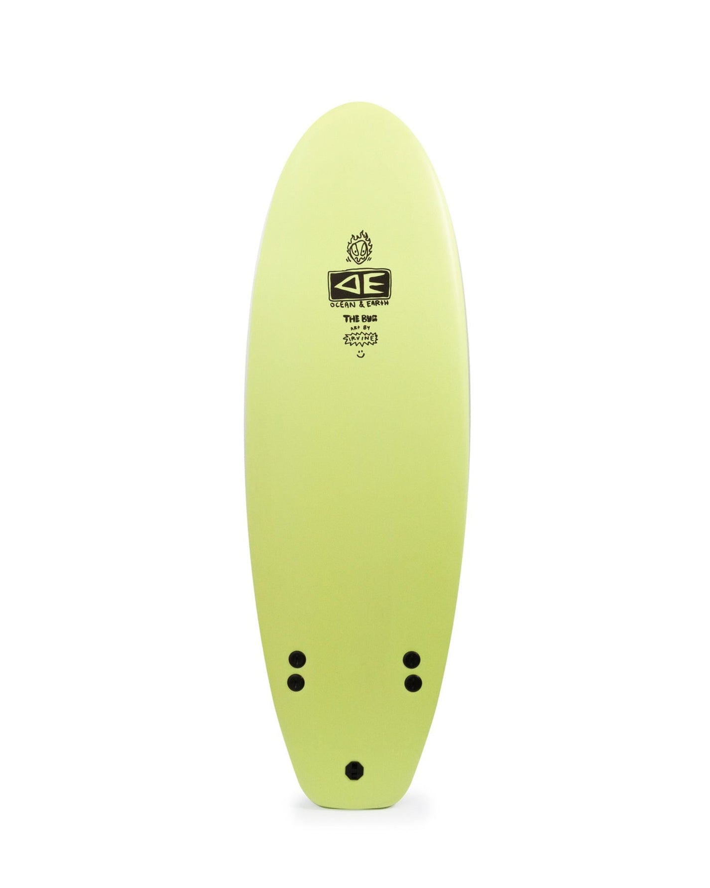 Lime green soft surfboard with Ocean & Earth logo and three fin boxes at the tail.