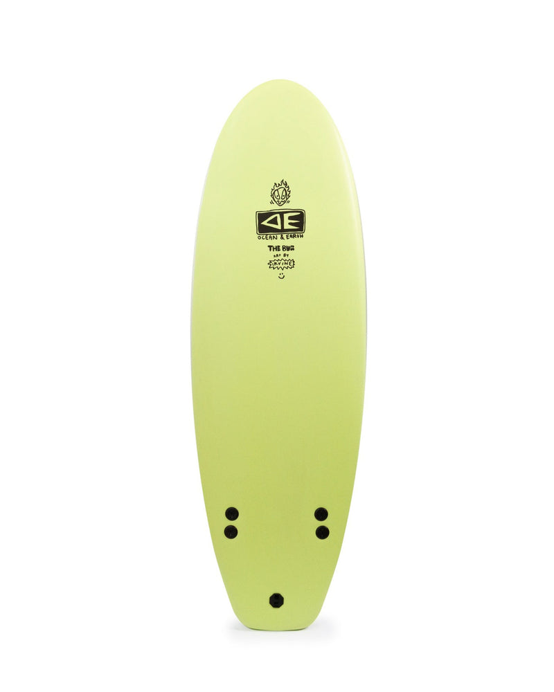 Lime green soft surfboard with Ocean & Earth logo and three fin boxes at the tail.