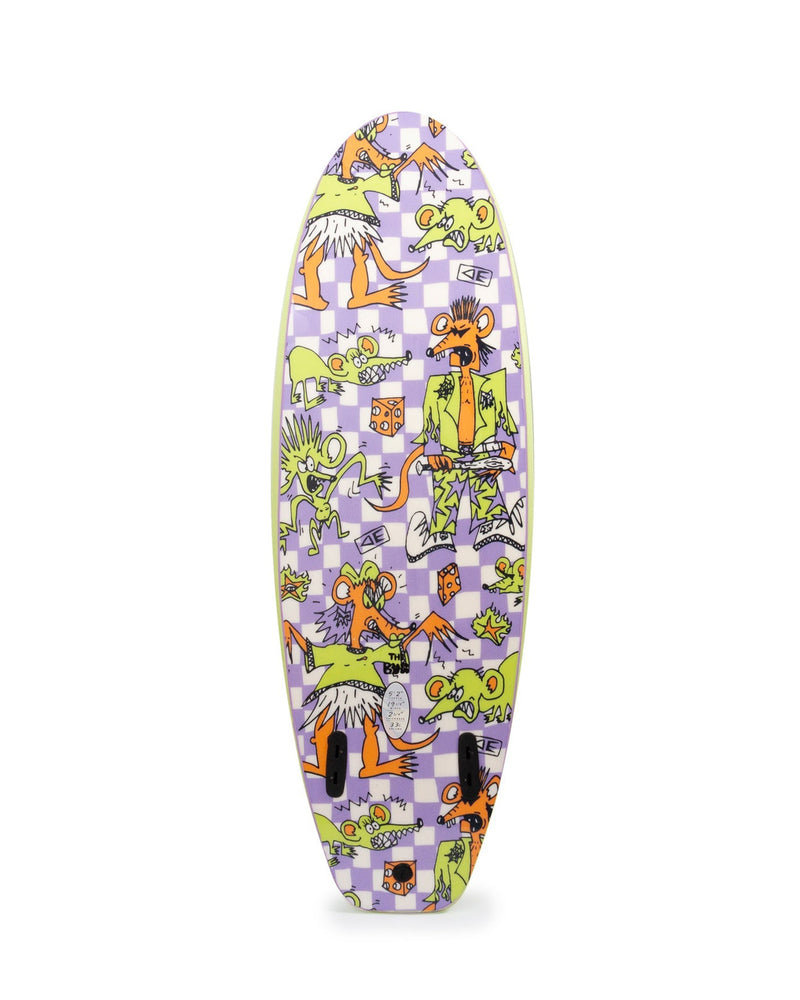 Purple and yellow cartoon mouse graphic softboard with twin fin setup and bold checkerboard design.