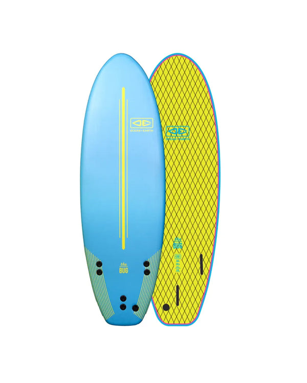 Blue and yellow surfboard with branding on a white background